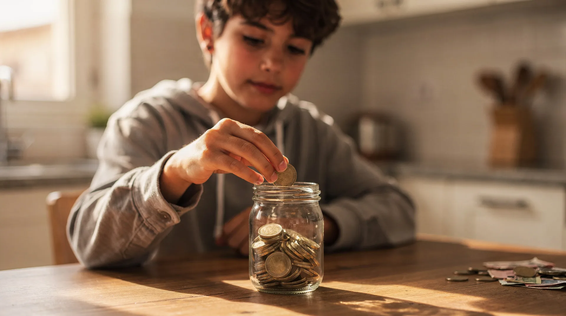 Persona joven en casa poniendo monedas en un tarro de cristal transparente como símbolo de ahorro y fondo de emergencia