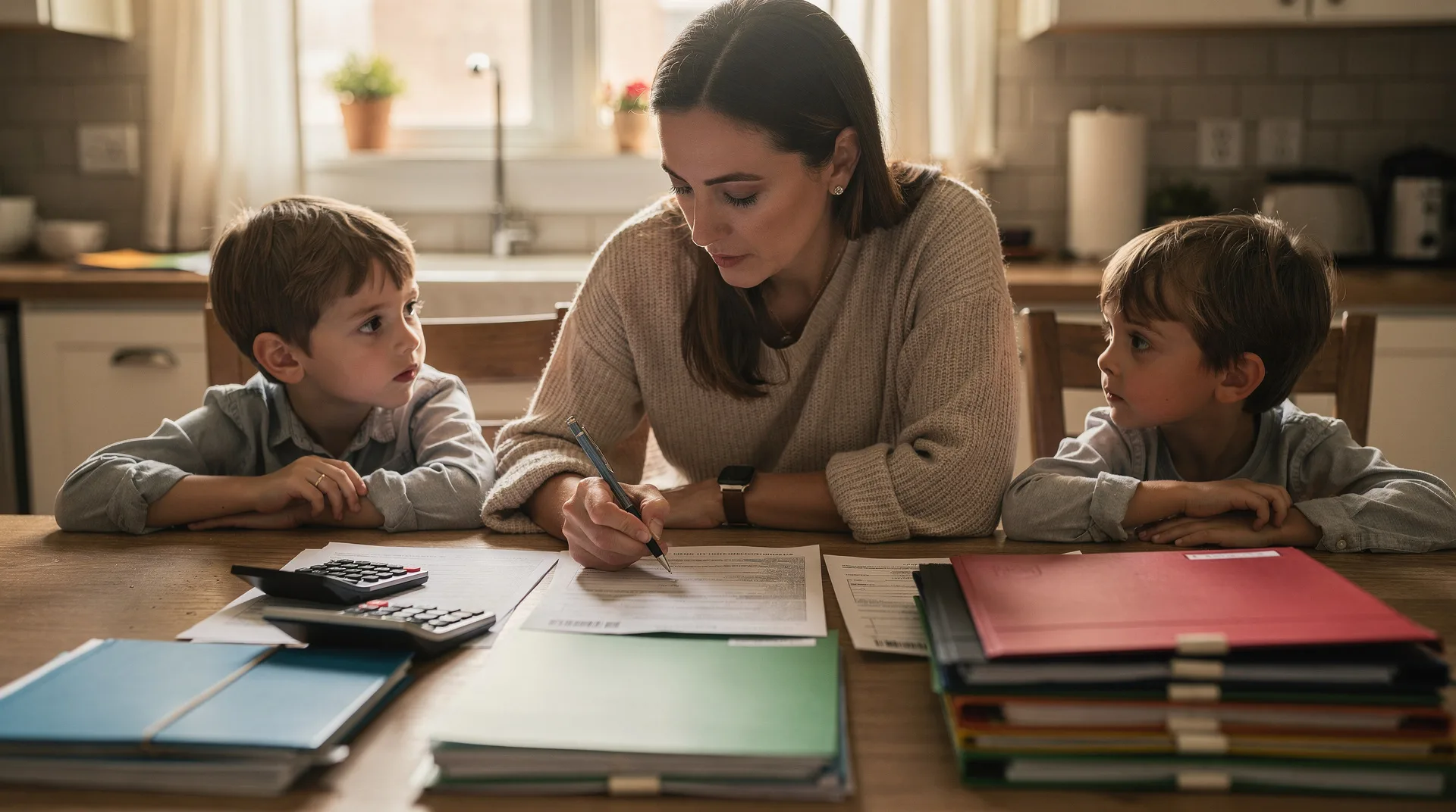 Madre con dos hijos revisando documentos en una mesa con calculadora y carpetas de gestión administrativa