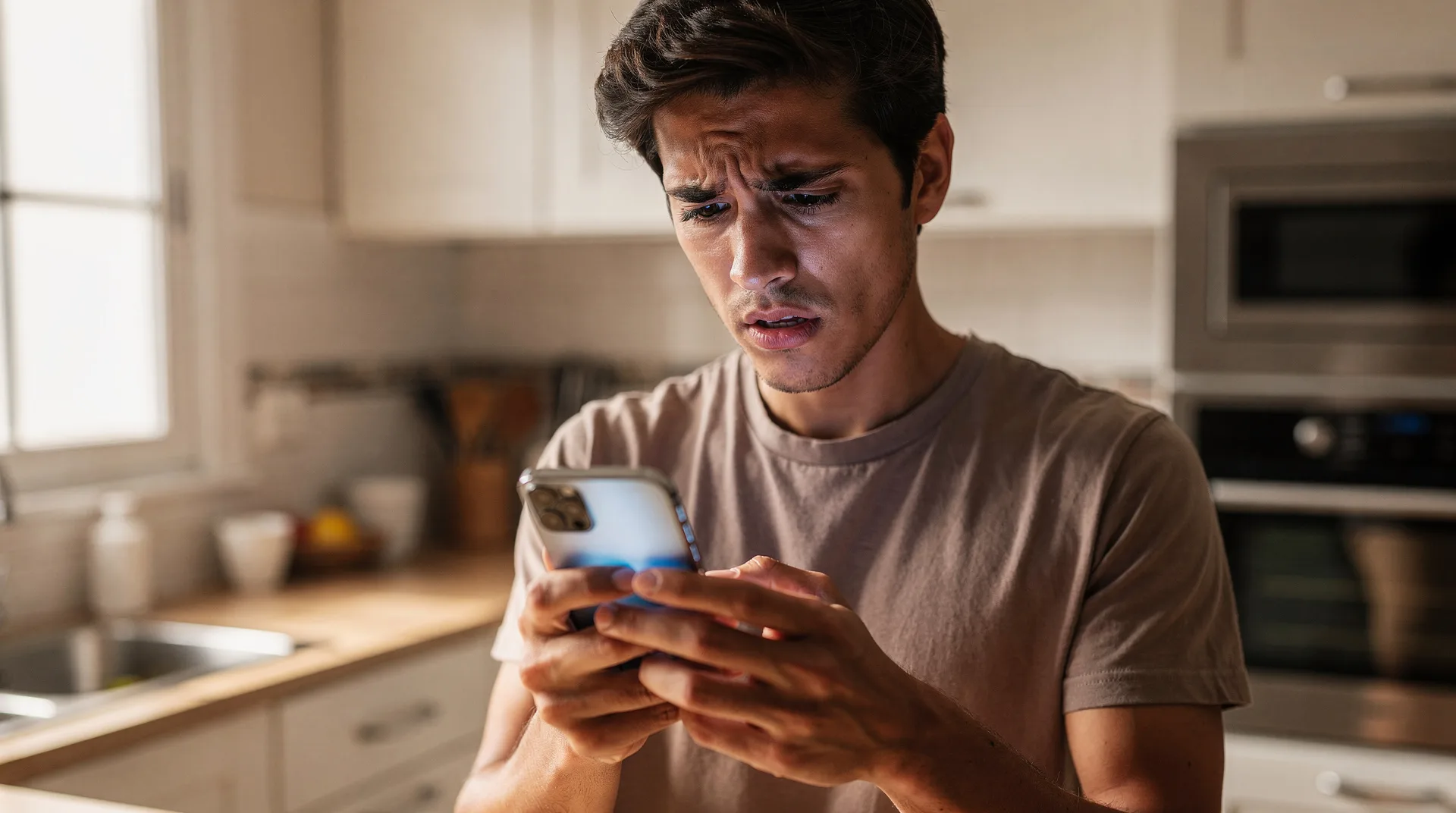 Persona mirando su móvil con cara de preocupación tras recibir un mensaje sospechoso de Bizum en España