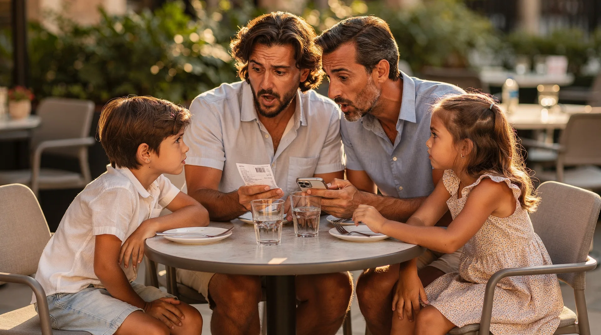 Familia en terraza de verano mirando el ticket de la cuenta con cara de sorpresa mientras revisan el móvil