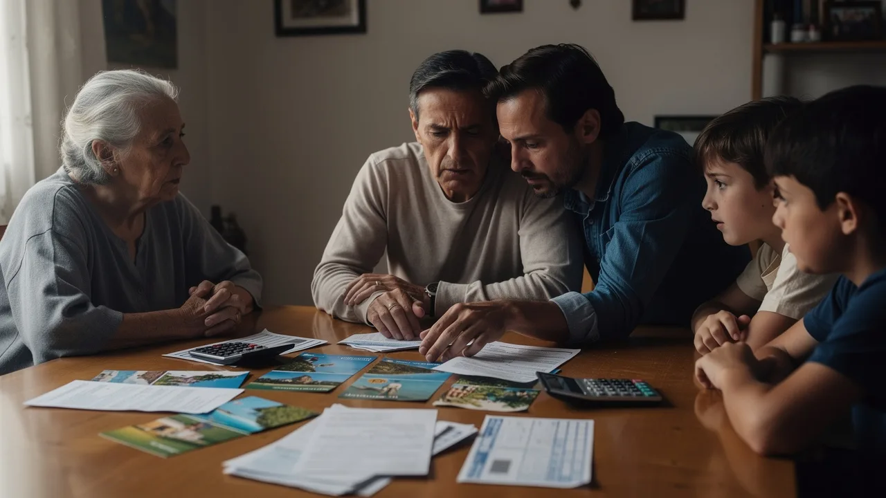 Spanish family of different ages looking at vacation brochures and calculator on dining table, worri