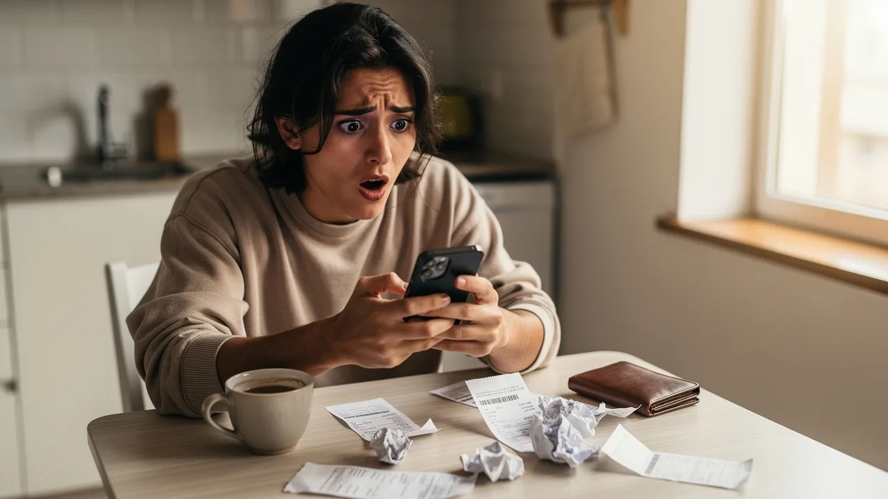Spanish person looking shocked while checking smartphone bank app, coffee cup and shopping receipts 