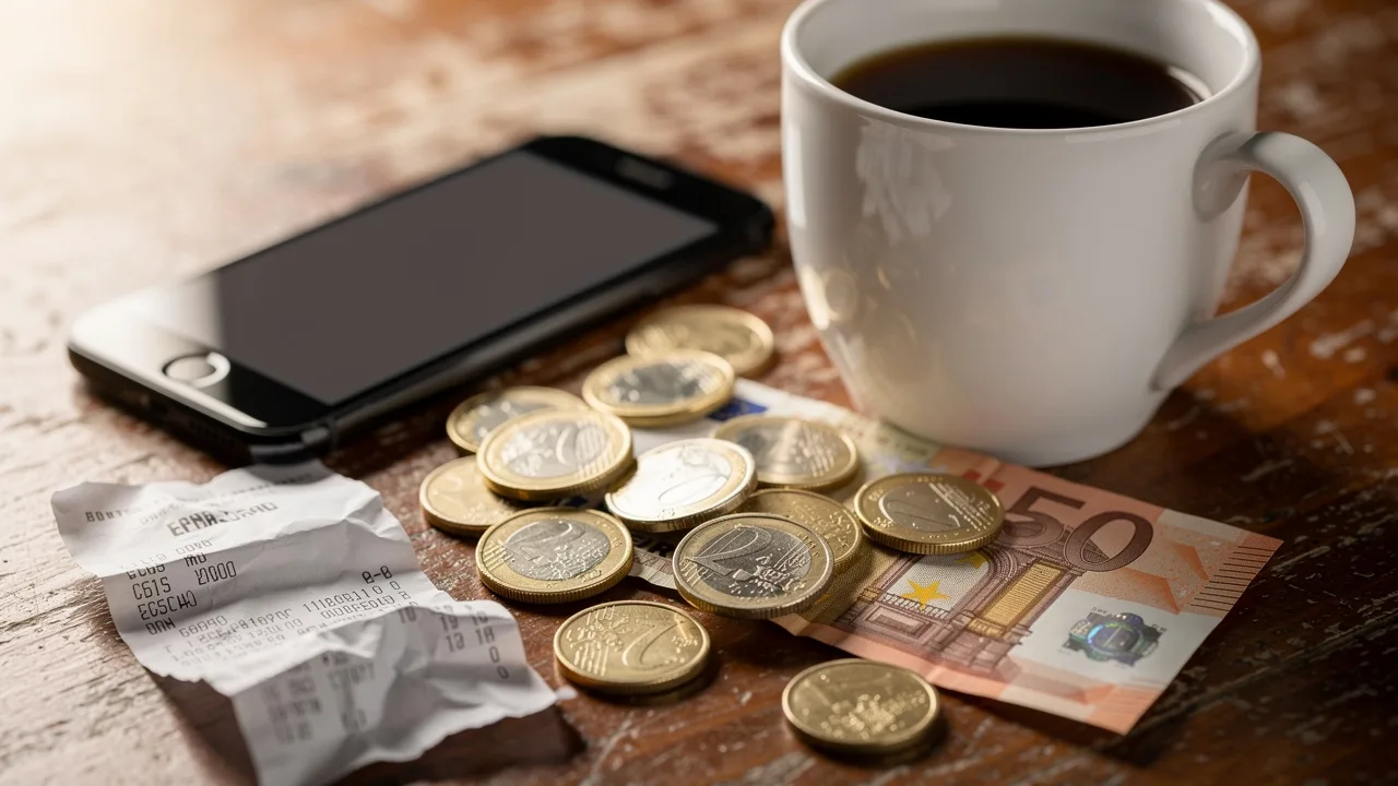 Close-up photo of Spanish coins and small bills scattered around a coffee cup, smartphone, and shopp