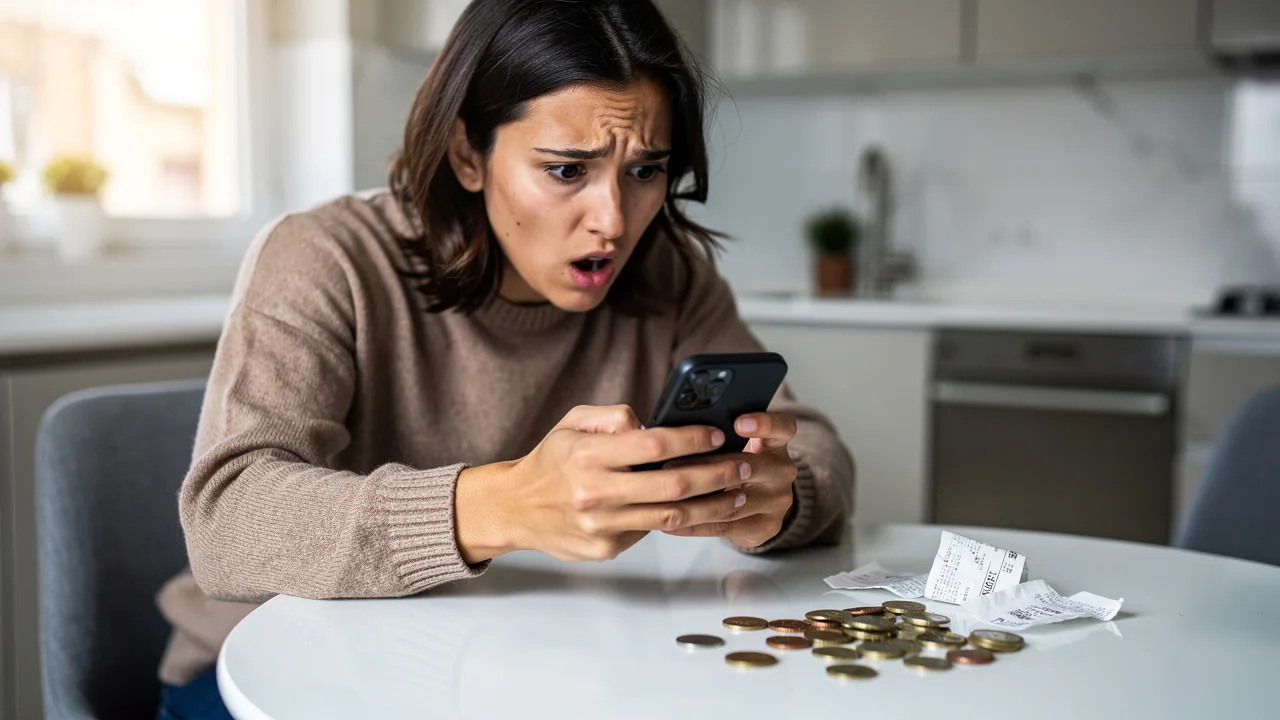 Spanish person looking shocked while checking mobile banking app, scattered coins and small receipts