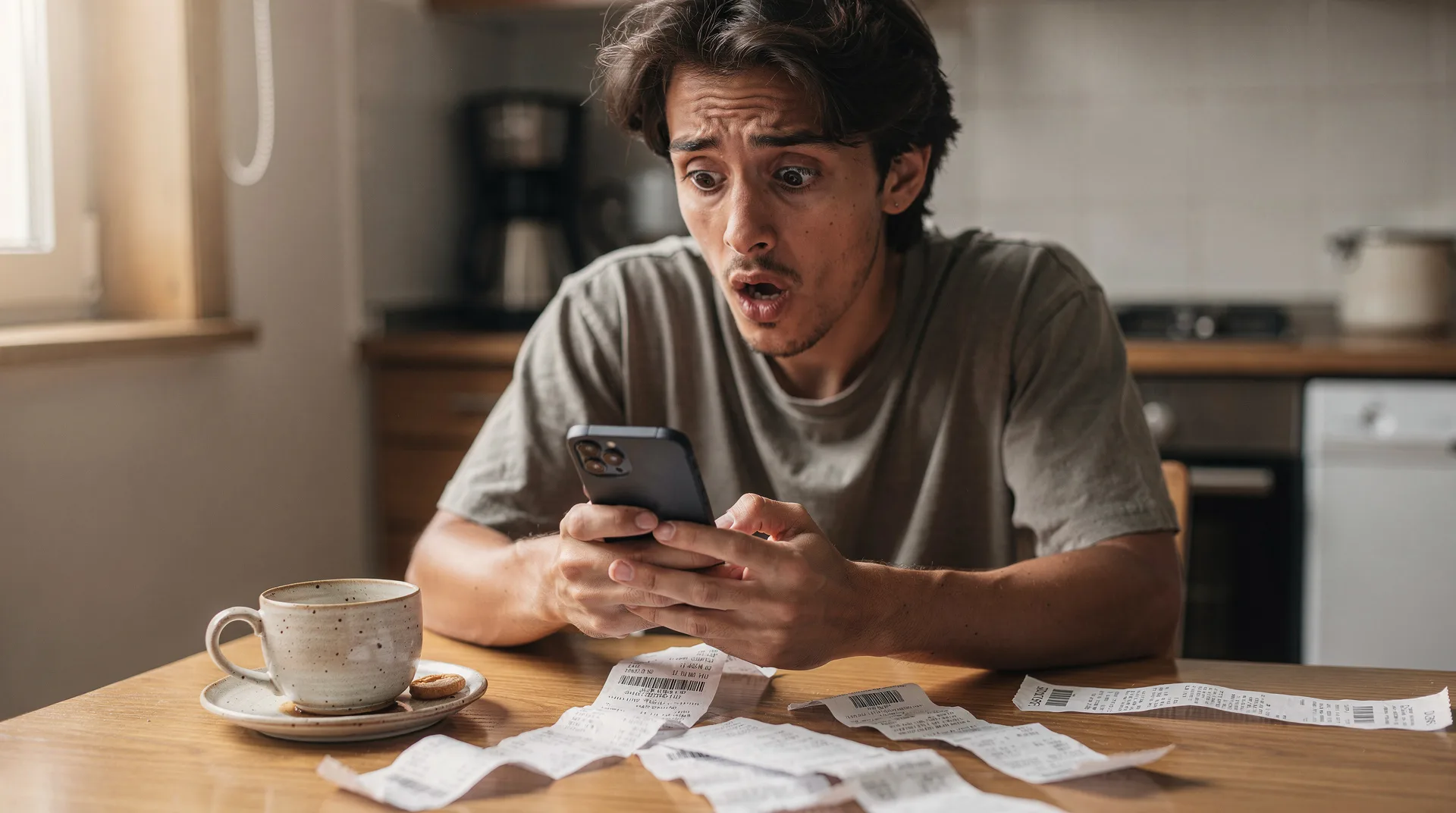 Spanish person looking shocked while checking smartphone banking app, coffee cup and shopping receip
