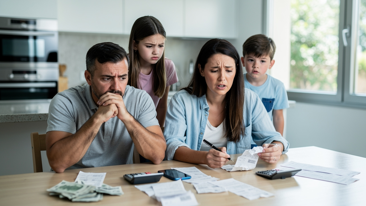 Spanish family looking worried while checking household bills and receipts on kitchen table, calcula