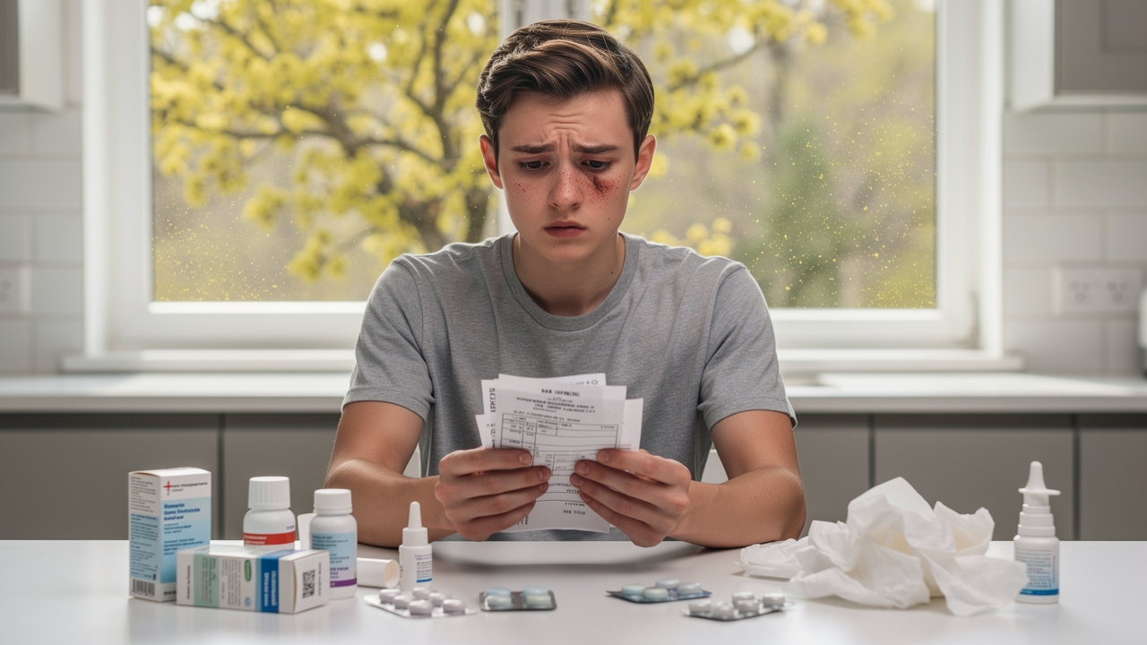 Person with allergies holding medical bills and receipts, worried expression, spring pollen visible 