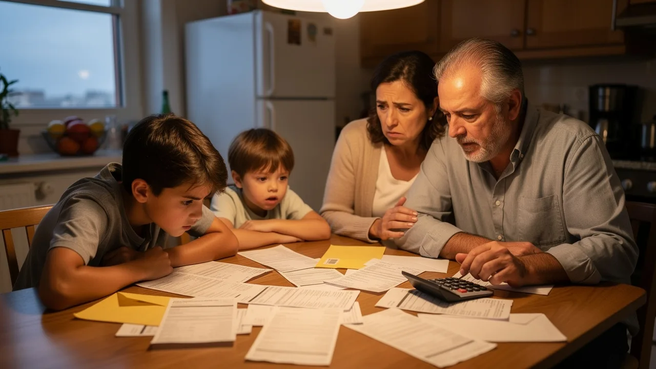 Spanish family of different ages looking at monthly bills and receipts spread on a kitchen table, ca