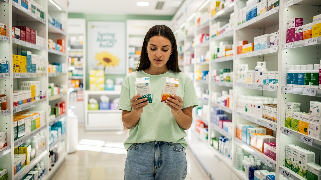 Spanish pharmacy interior with medicine shelves, price tags visible, person comparing medication box