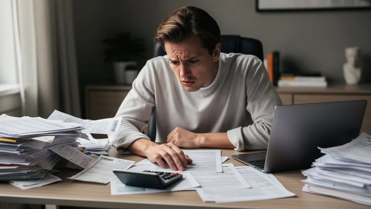Worried self-employed person looking at tax documents and calculator on desk, surrounded by bills an