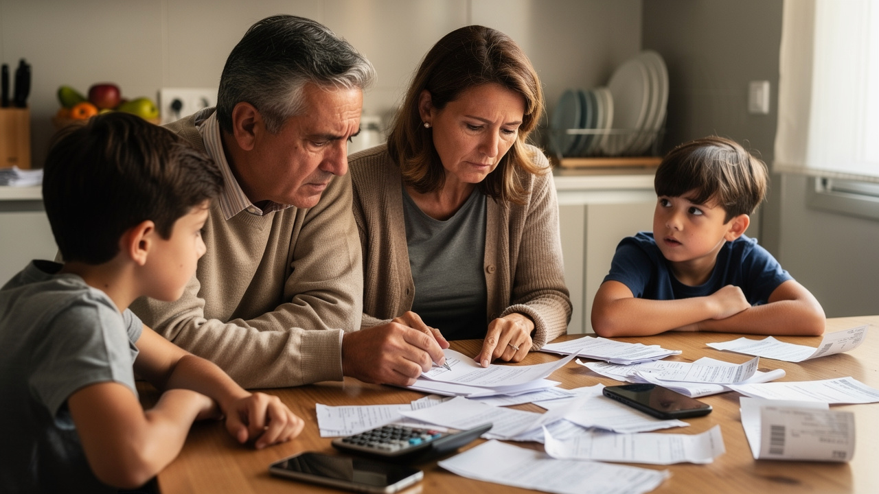 Spanish family looking at bills and receipts spread on kitchen table, calculator and smartphone visi