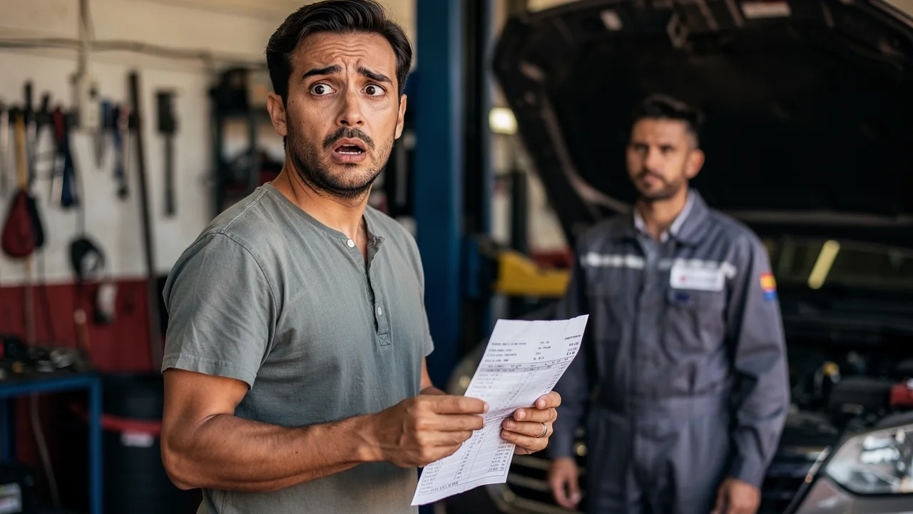 Spanish person looking shocked at car repair bill in mechanic workshop, realistic editorial photogra