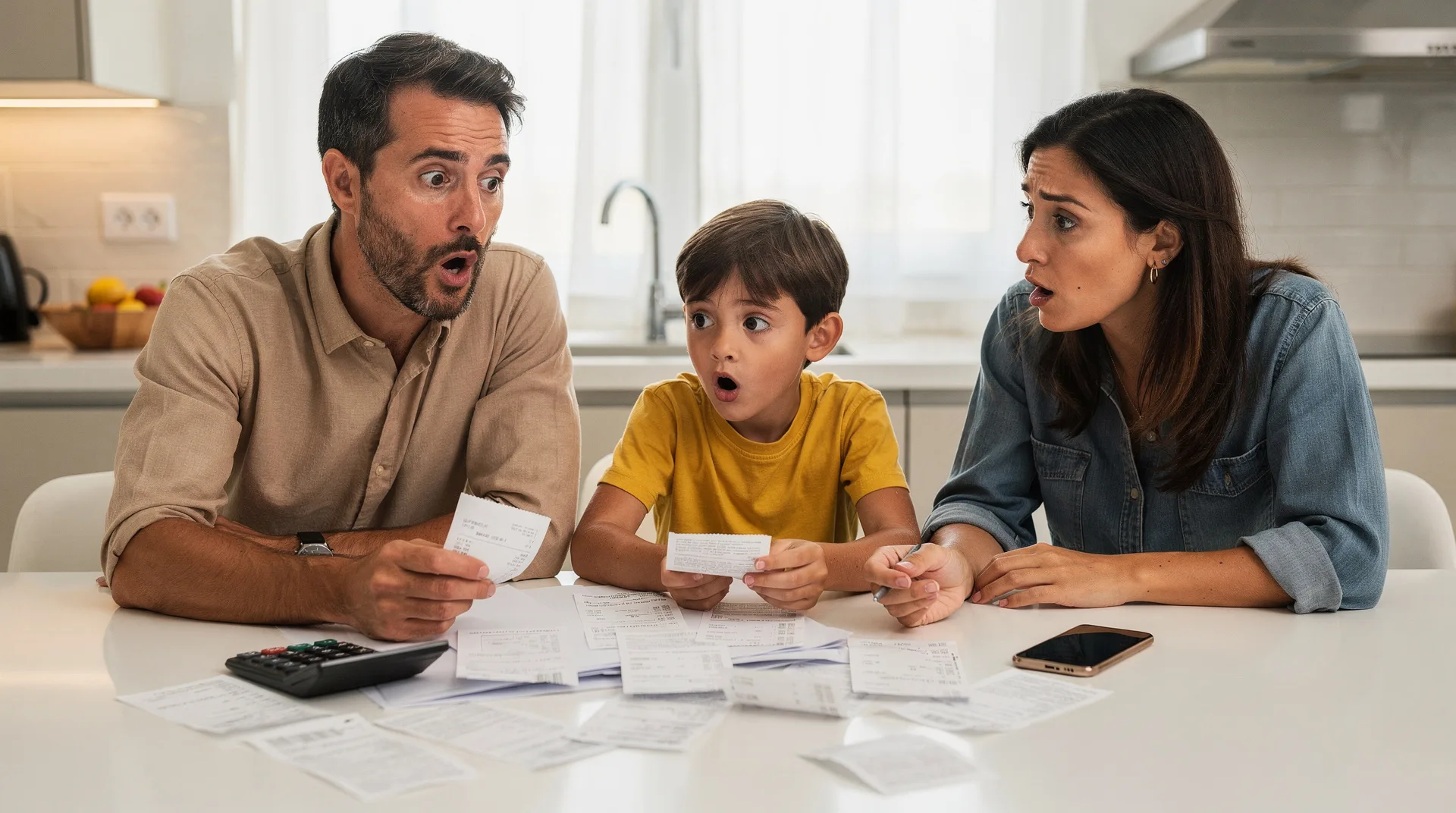 Familia española revisando facturas de vacaciones con expresión de sorpresa por gastos inesperados