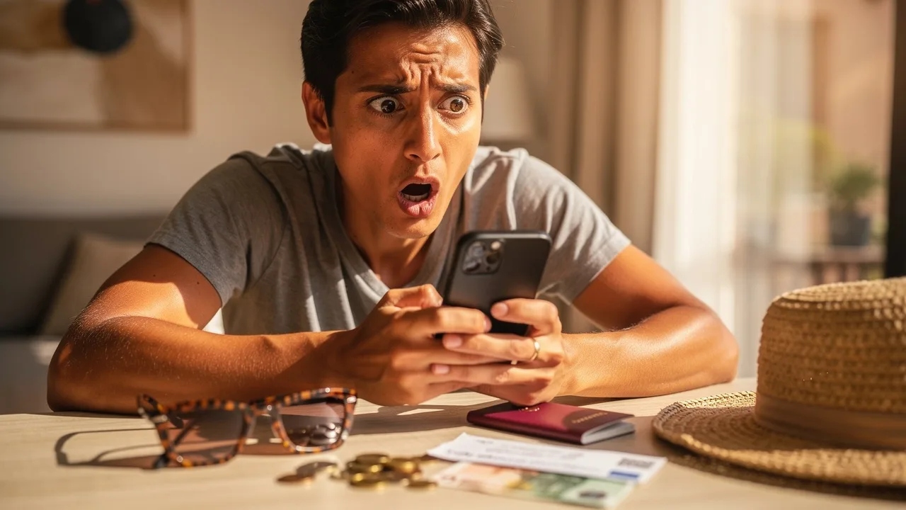 Spanish person checking smartphone banking app with shocked expression, summer vacation items like s