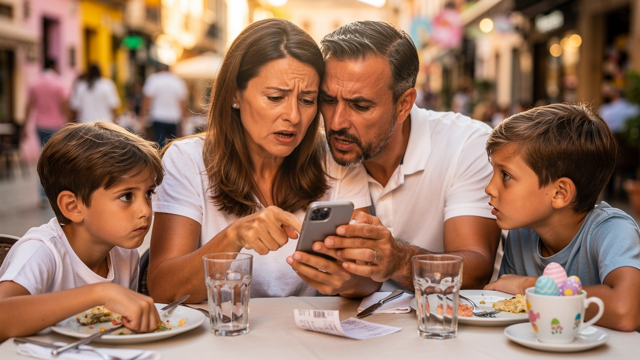 Spanish family looking stressed while checking restaurant bill on smartphone during Easter vacation,
