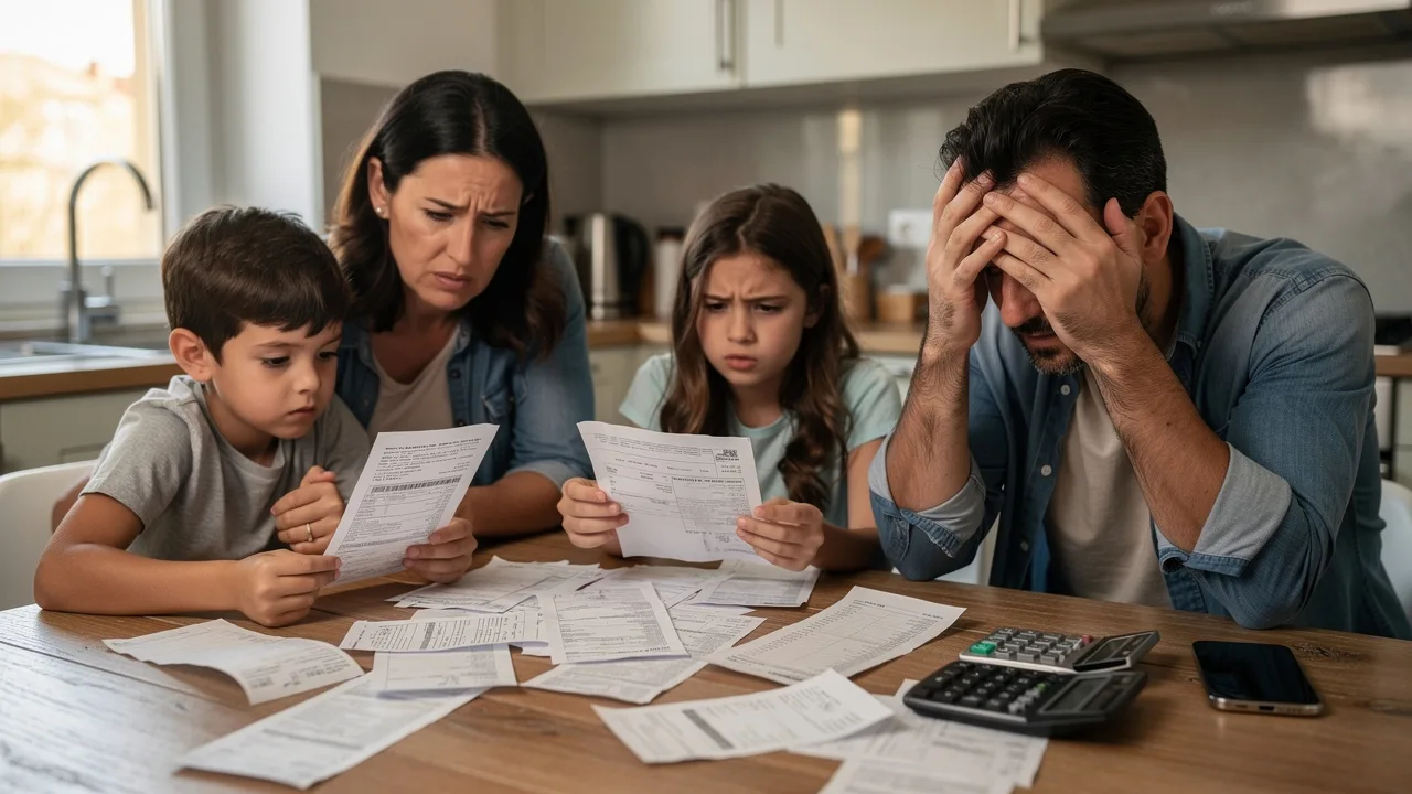 Spanish family looking worried while reviewing multiple bills and receipts scattered on kitchen tabl