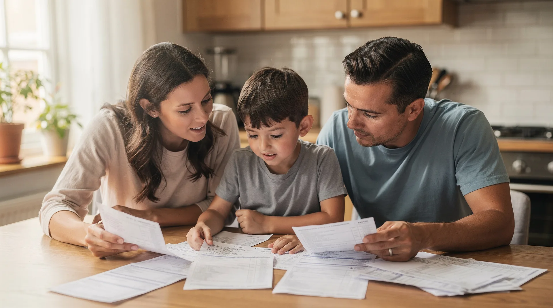 Familia revisando la factura de la luz y el gas en la cocina de su casa