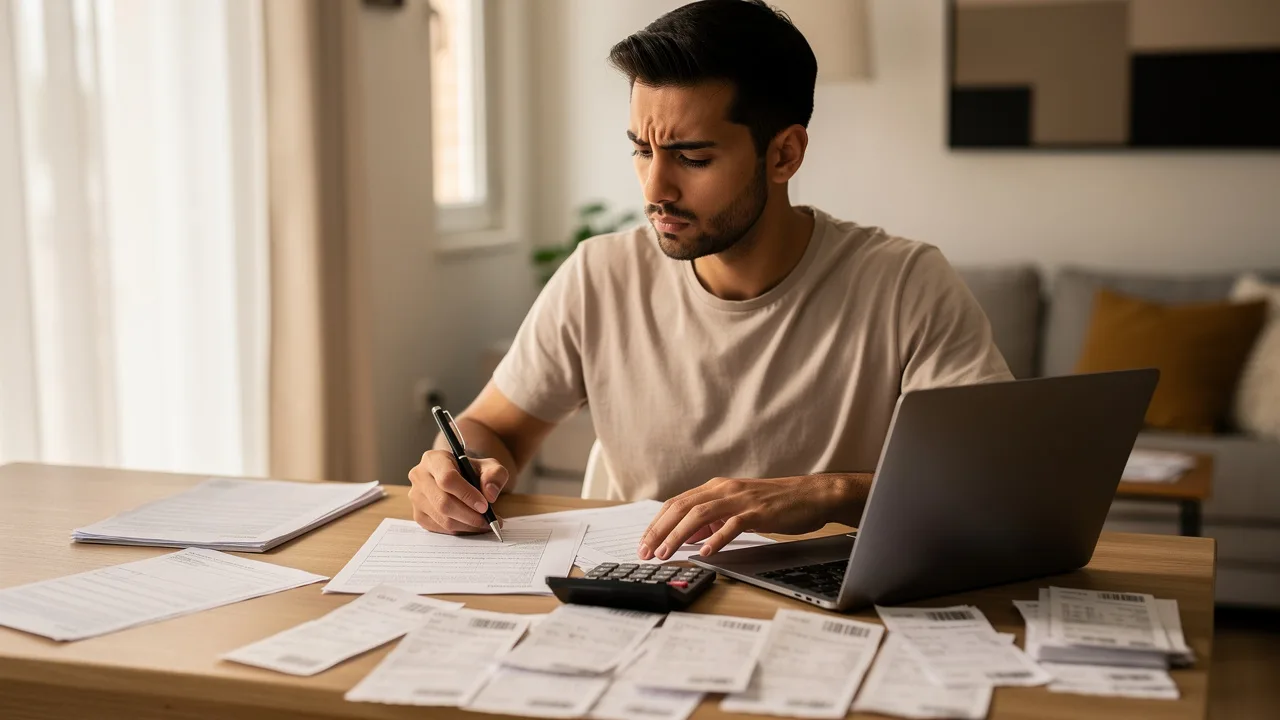 Spanish person sitting at home desk with laptop and tax documents, calculator and receipts spread on