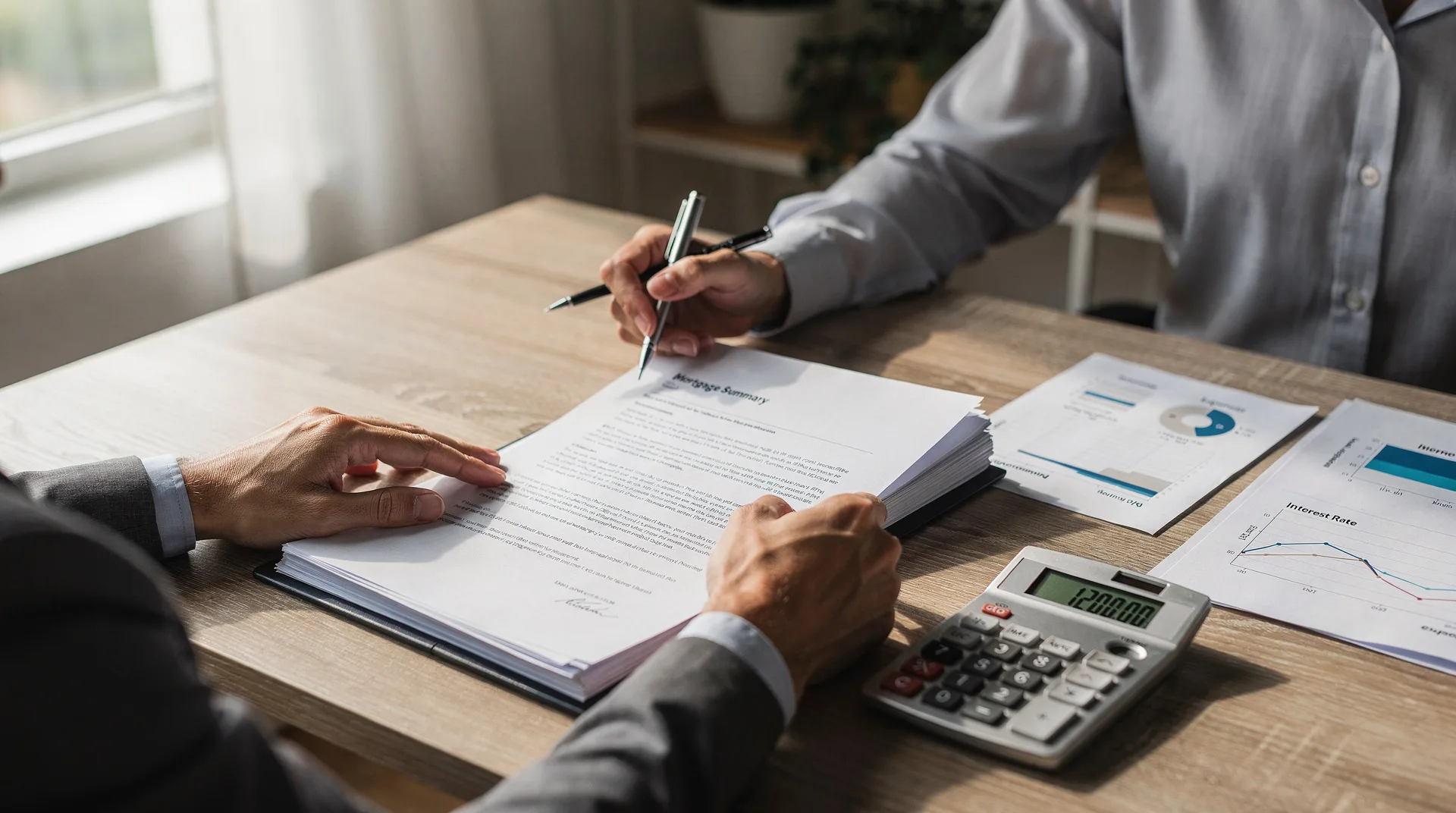 Persona revisando documentos de una hipoteca en una mesa con calculadora y gráficos financieros