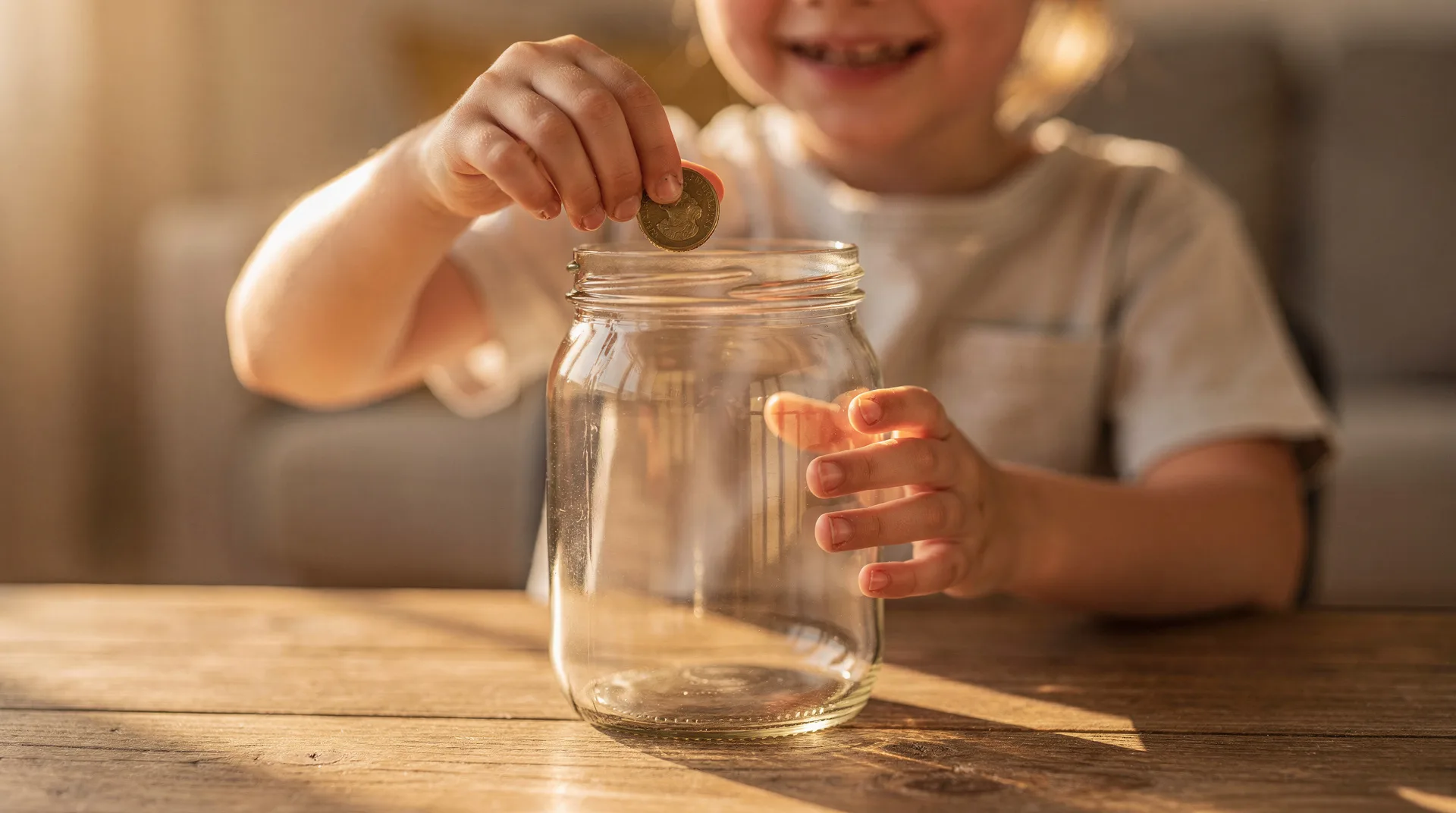 Niño sonriente guardando una moneda en una hucha de cristal etiquetada con su objetivo de ahorro, sobre una mesa de madera en verano