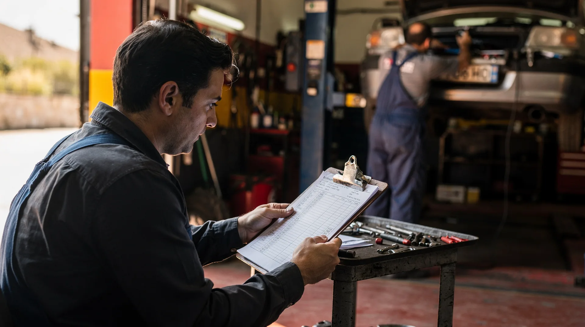 Persona revisando facturas del taller de coches junto a un vehículo en un taller mecánico en España