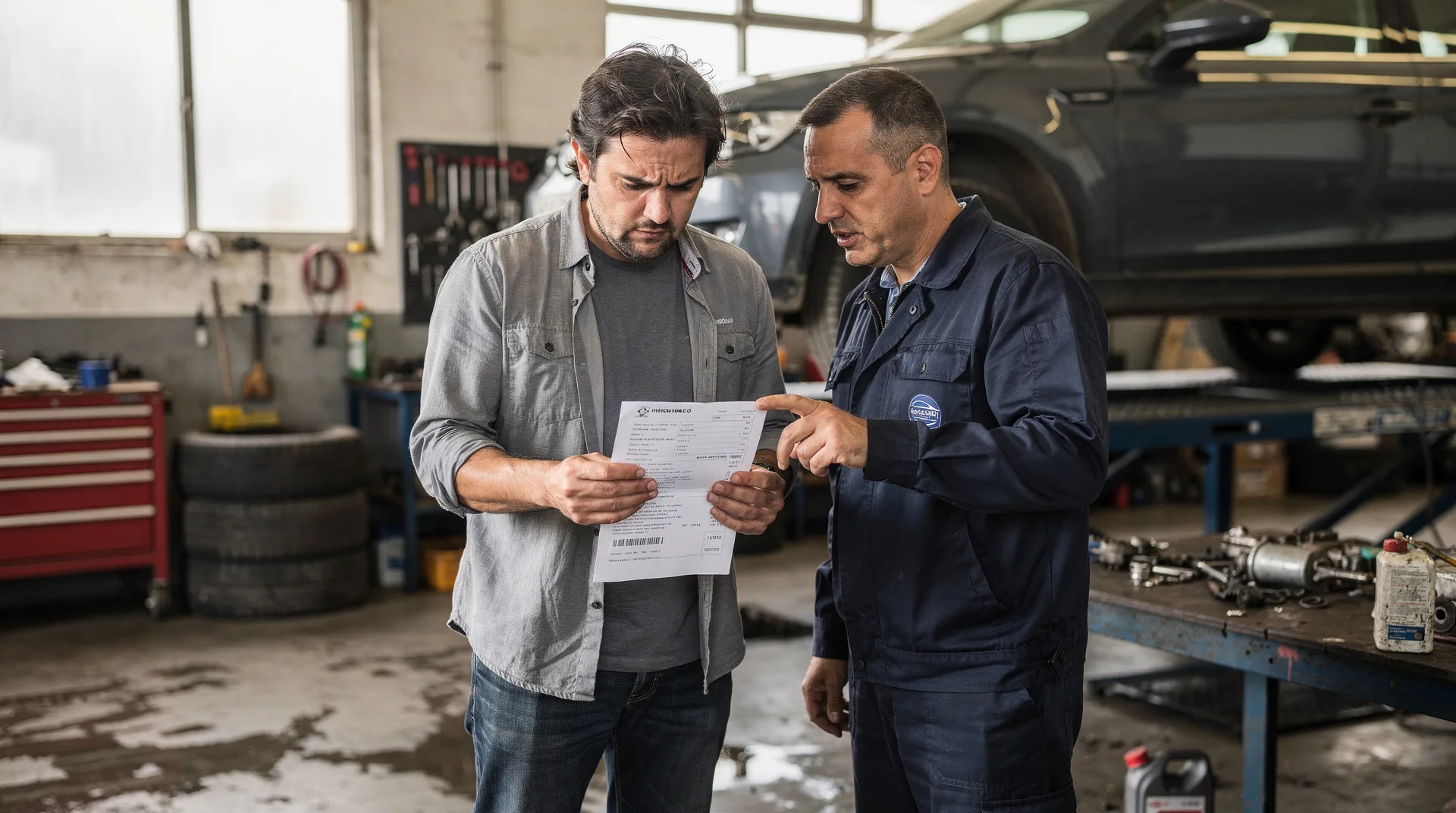Mecánico revisando un coche en un taller mientras el conductor mira preocupado la factura de reparación
