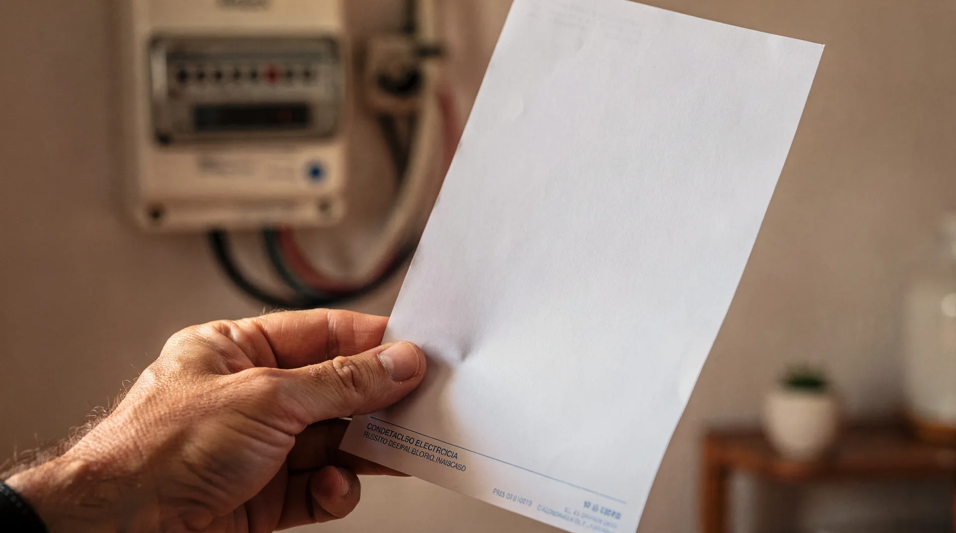 Mano sosteniendo una factura eléctrica con un contador de luz al fondo en un hogar español