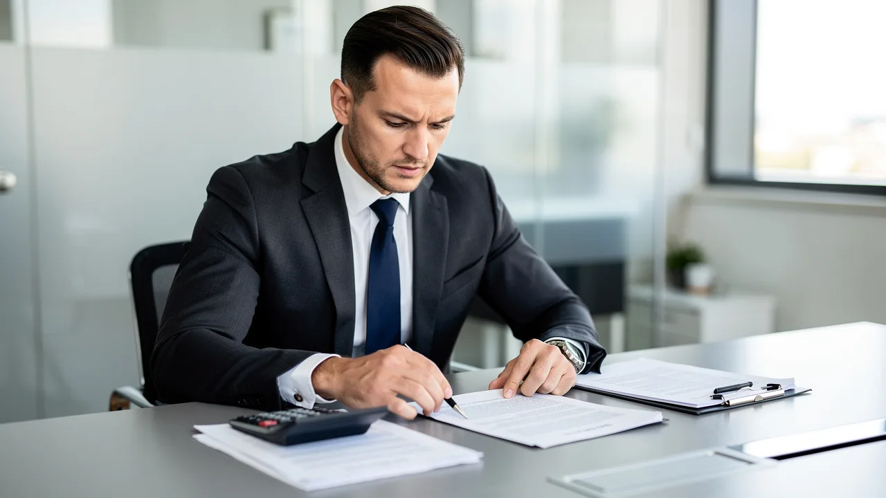 Professional businessman in suit reviewing mortgage documents at modern bank office desk, calculator