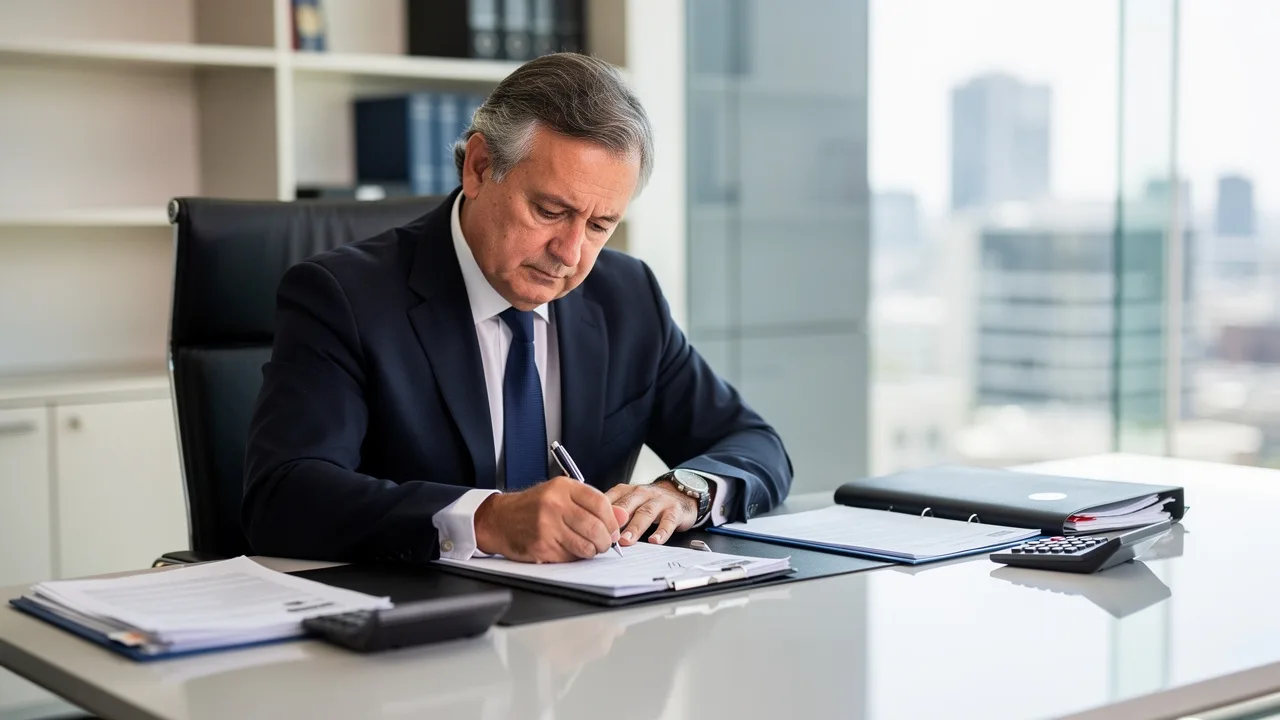 Spanish government official signing financial regulation documents at modern office desk with calcul