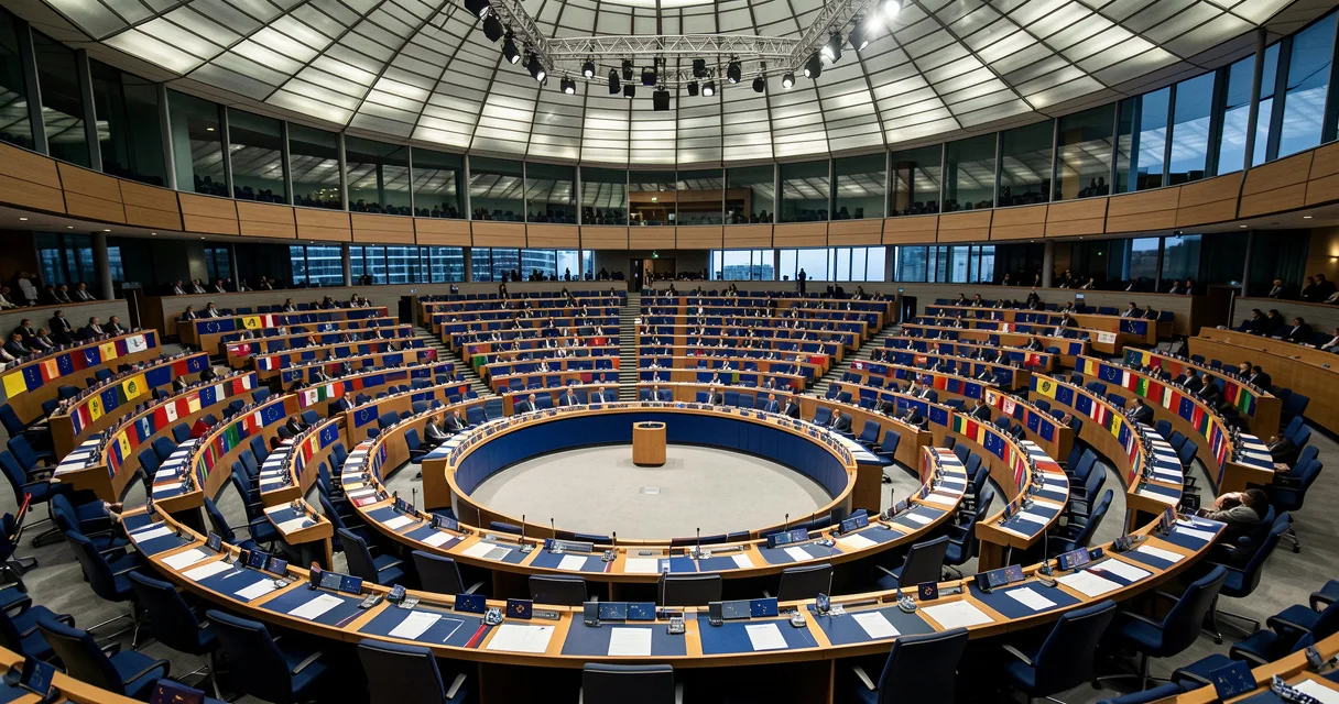 Hemiciclo del Parlamento Europeo con banderas de los estados miembros