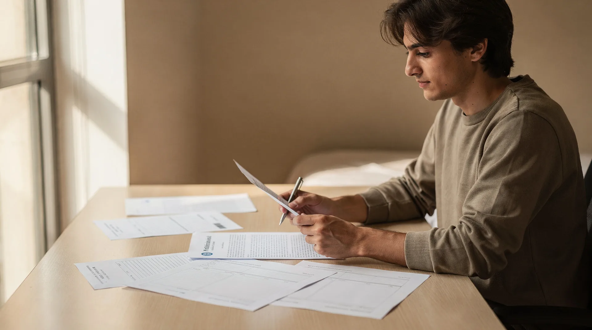 Estudiante universitario revisando un contrato de préstamo junto a documentos de matrícula en una mesa de trabajo