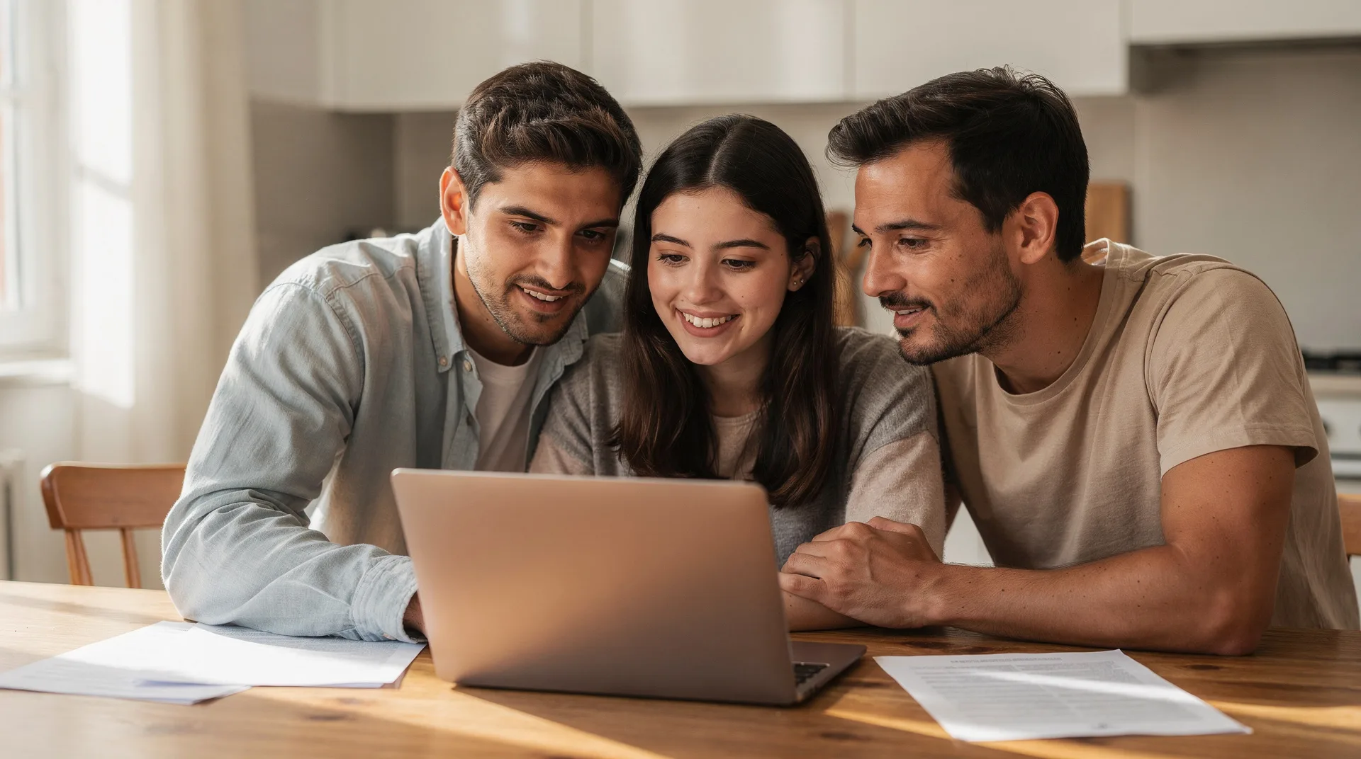 Familia joven revisando documentos de matrícula universitaria en casa con ordenador portátil sobre la mesa