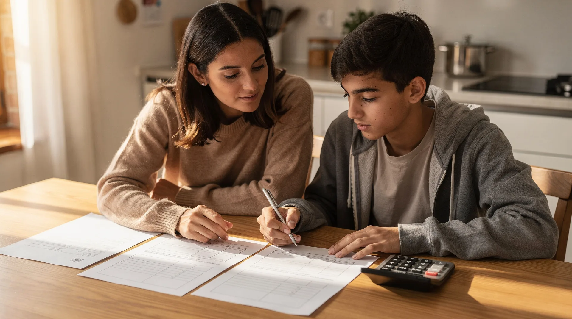 Madre e hijo joven revisando documentos de matrícula universitaria y calculadora sobre una mesa de cocina en España