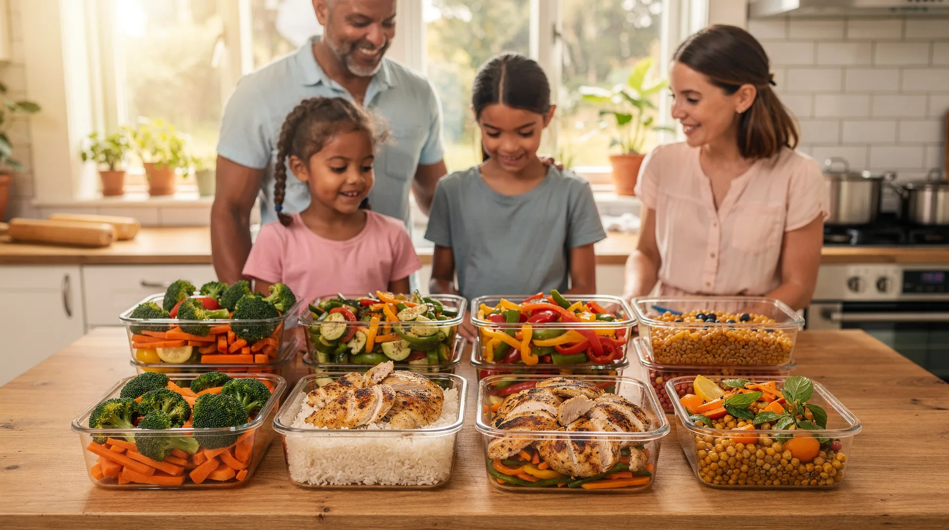 Familia preparando tupper con comida cocinada en tandas para la semana en una cocina luminosa de verano