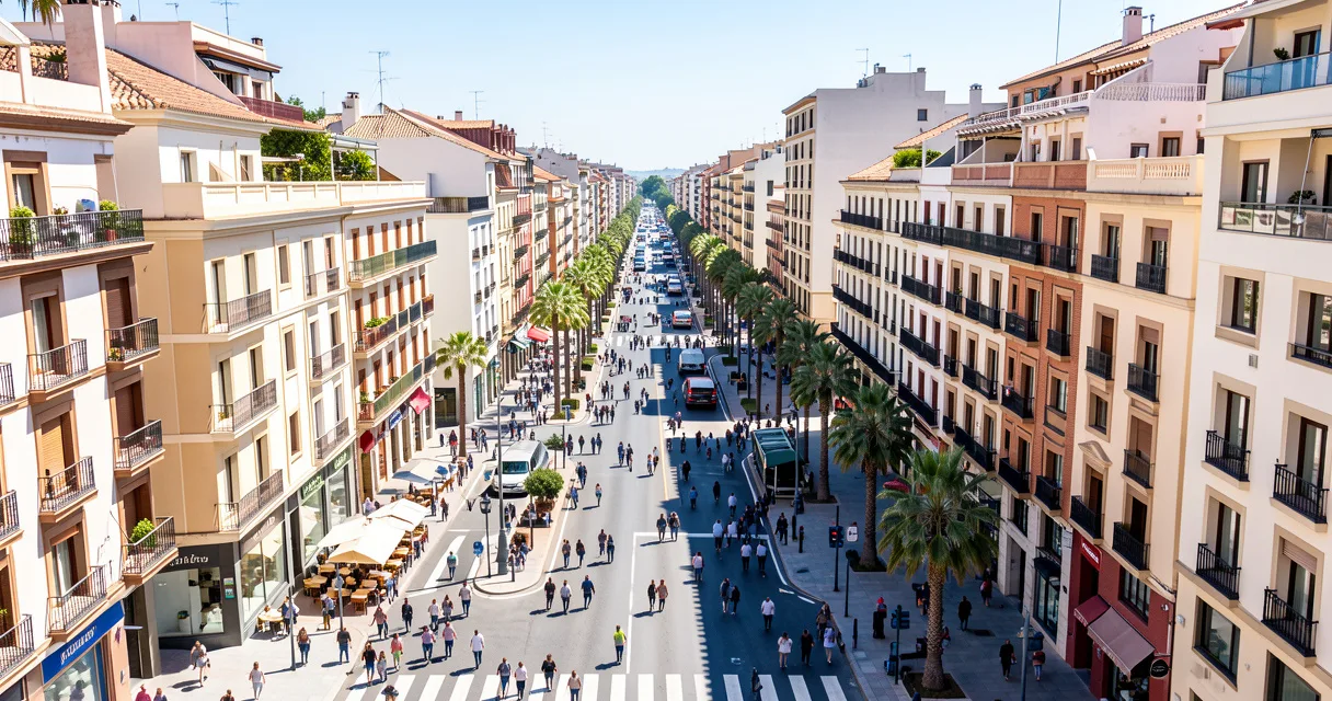 Vista aérea de una calle comercial en Madrid con gente paseando