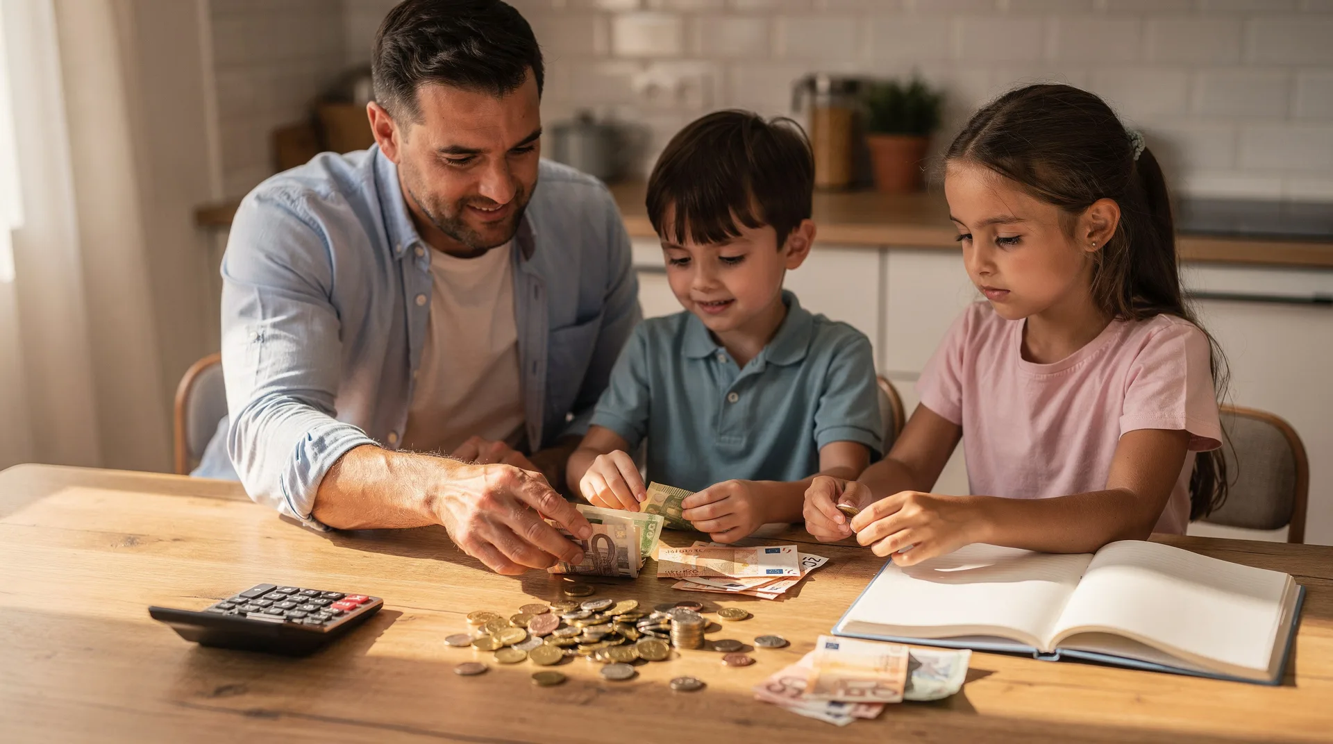 Spanish family counting euro bills and coins on a kitchen table with a calculator and notebook, warm