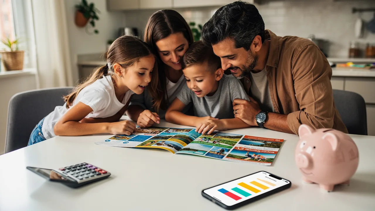 Spanish family looking at vacation brochures around kitchen table with calculator, piggy bank and sm