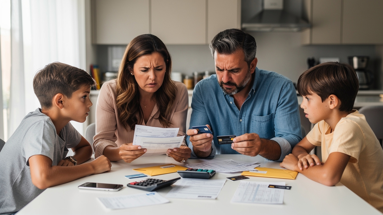 Spanish family looking worried while checking bills and credit cards on kitchen table, calculator an