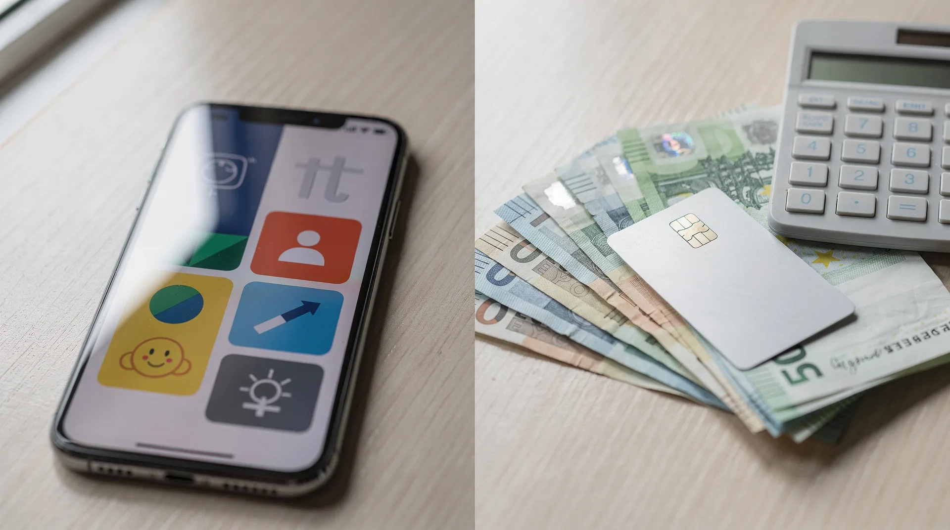 Split screen comparison showing a smartphone with microcredit app interface and a credit card on woo
