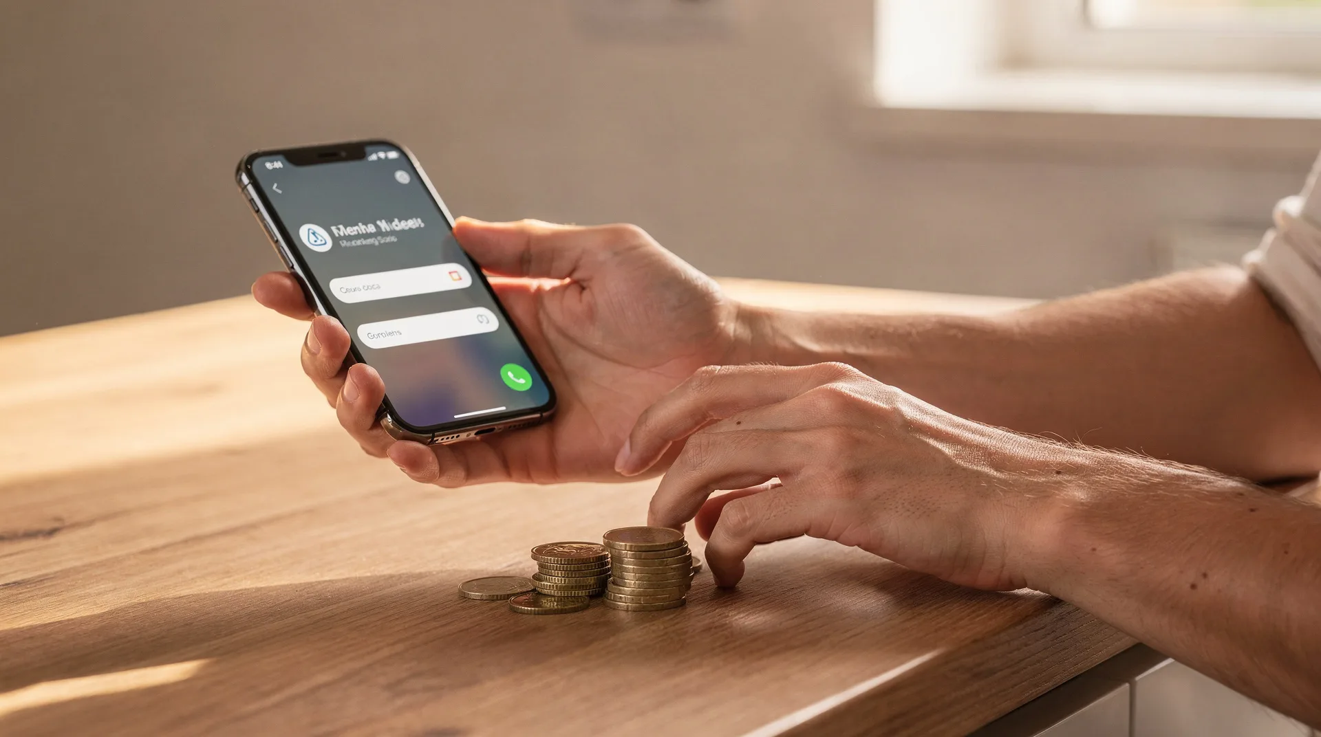 Manos sosteniendo un teléfono con una app bancaria junto a un pequeño montón de monedas de euro sobre una mesa de madera