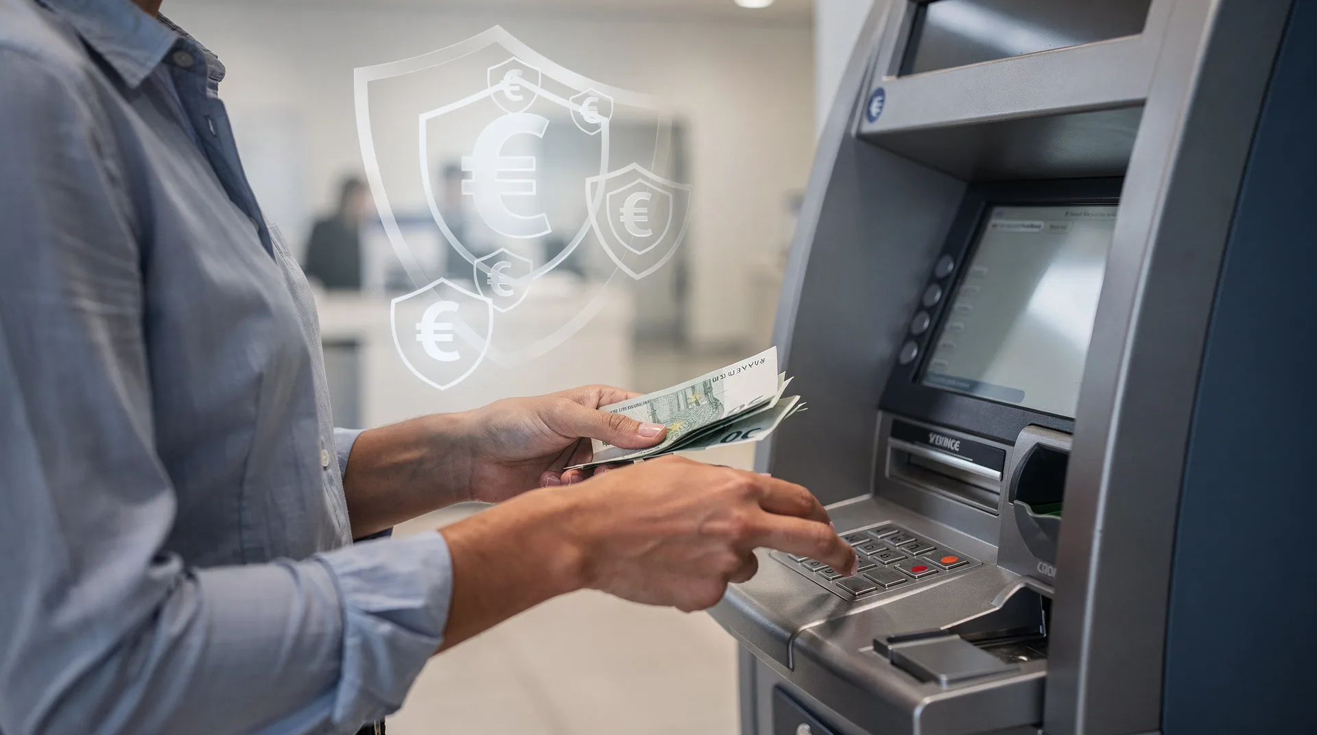 Persona retirando efectivo de un cajero automático con cara de tranquilidad, con iconos de escudo y euro en el fondo