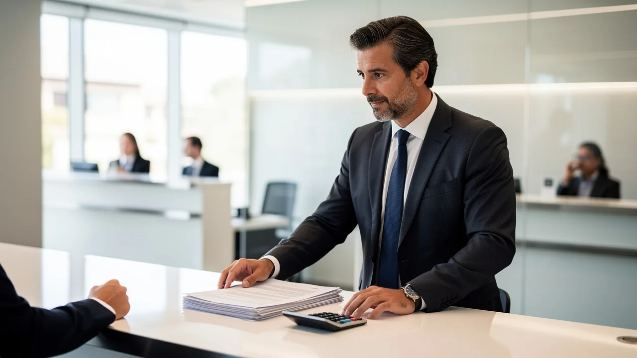 Professional businessman in suit negotiating at modern bank counter with documents and calculator, n