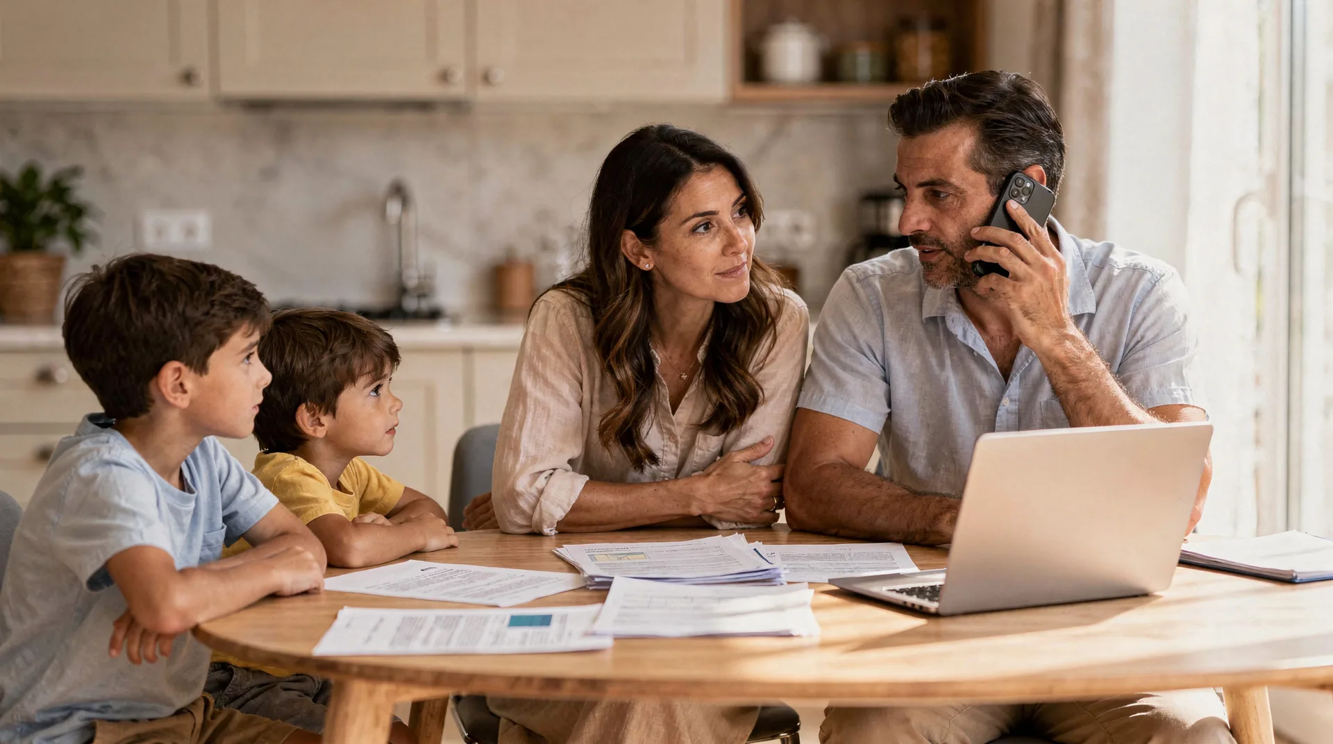 Familia revisando documentos y hablando por teléfono para negociar una cuota con su banco en agosto