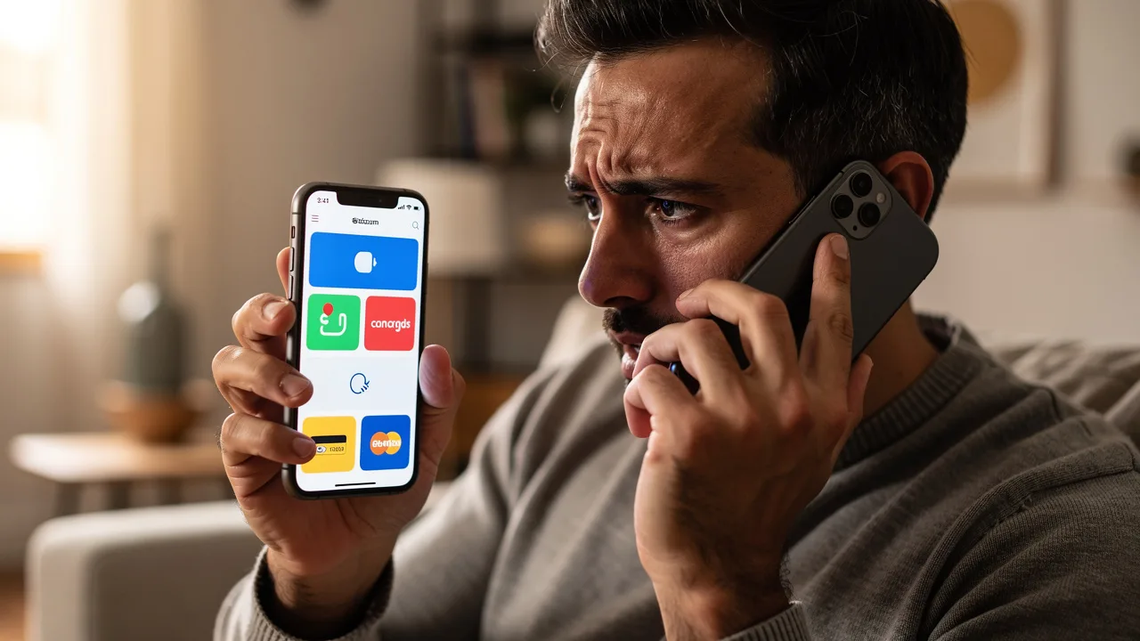 Worried person looking at smartphone screen showing Bizum app interface while holding phone to ear, 