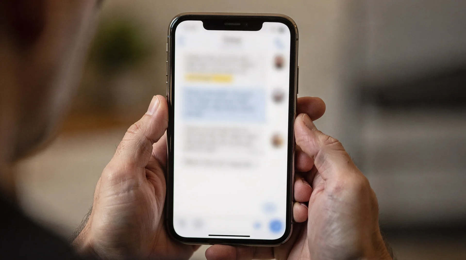 Close-up photo of smartphone screen showing suspicious banking SMS message, with worried person's ha