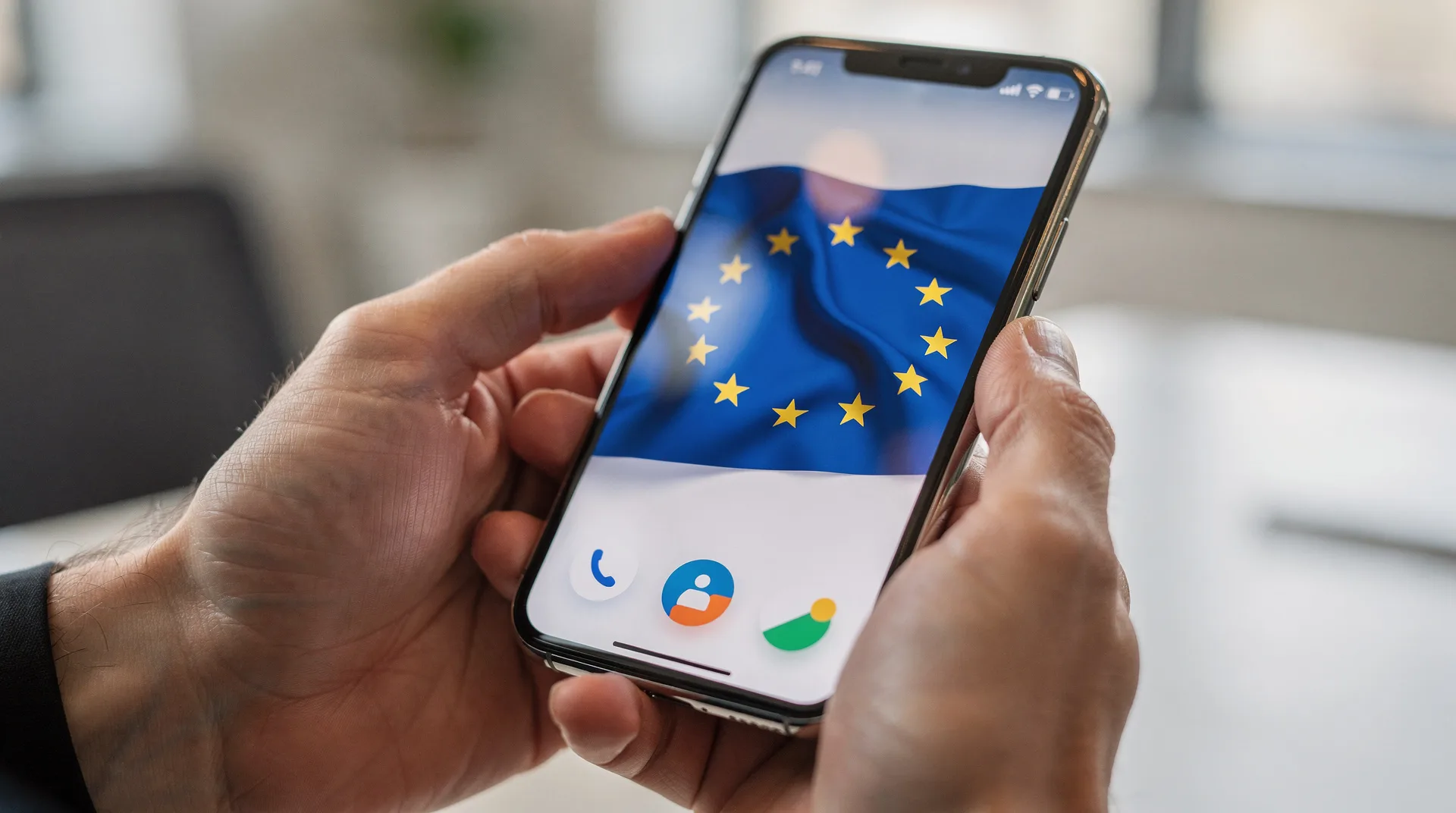 Close-up of hands holding smartphone showing banking app interface with European Union flag reflecti