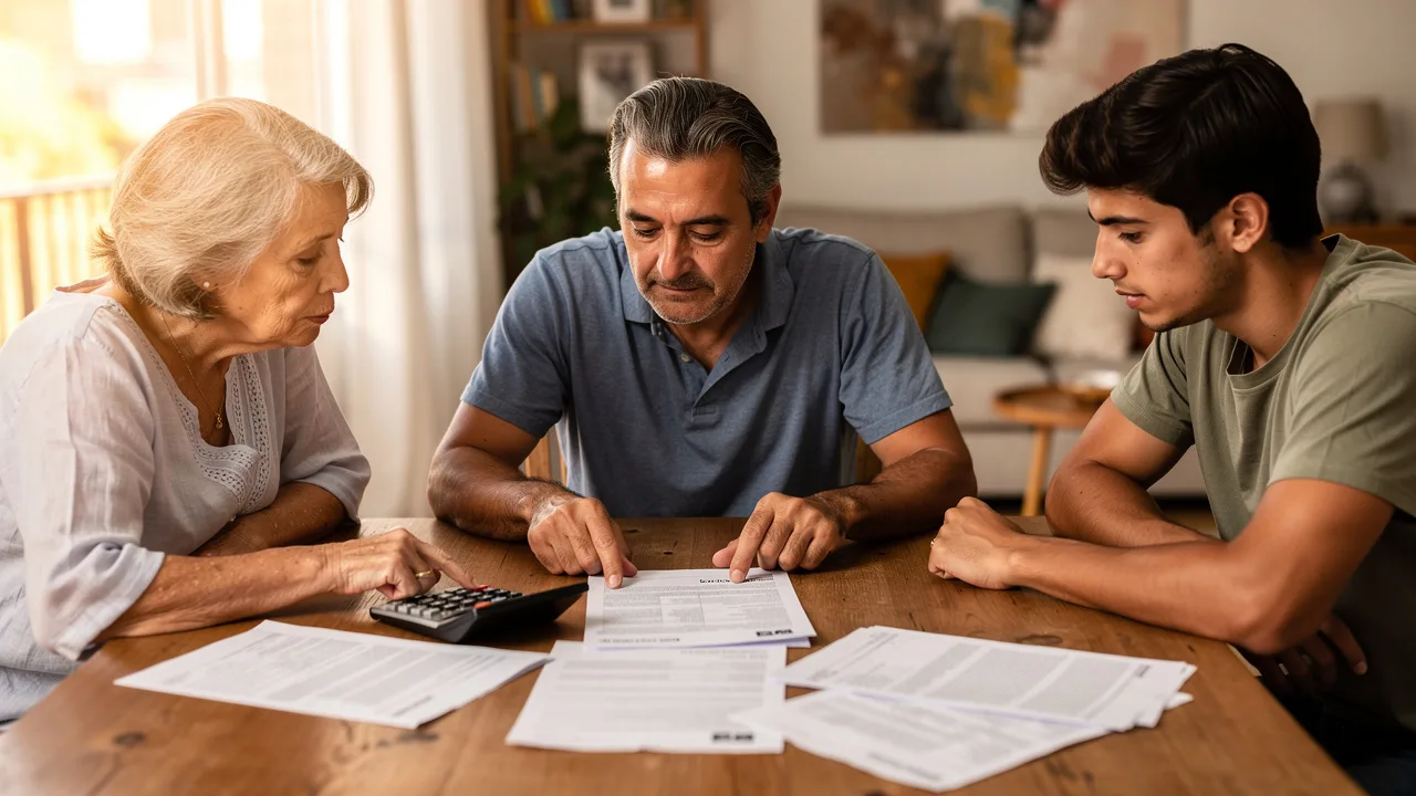 Spanish family reviewing bank documents at home table with calculator and papers, warm natural light