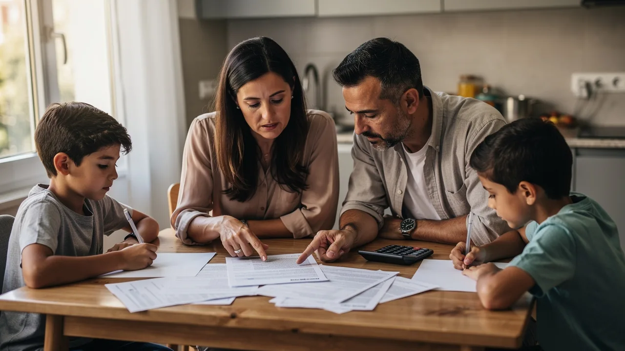 Spanish middle-class family reviewing mortgage documents at home kitchen table, calculator and paper