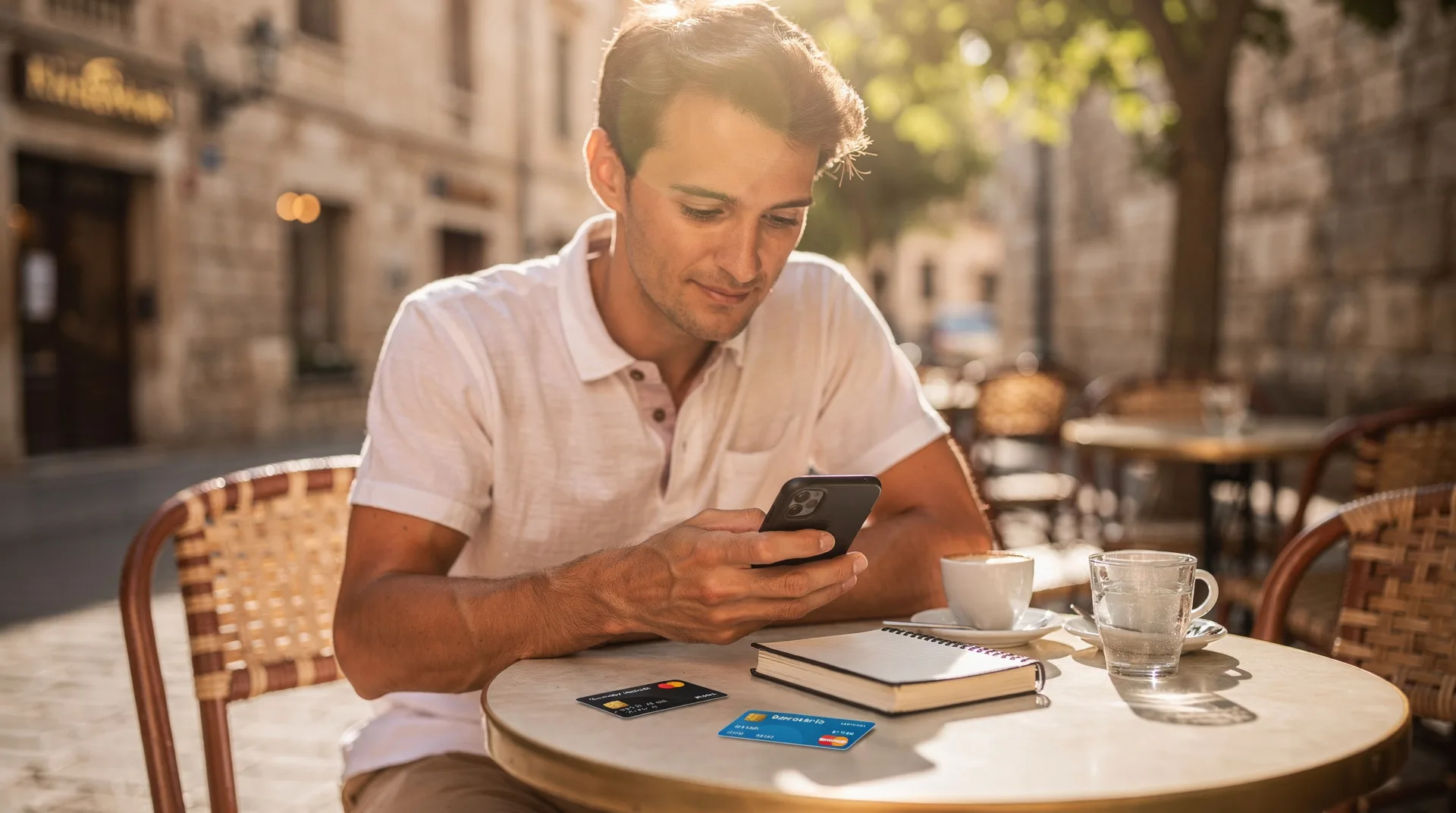 Persona revisando su app bancaria en el móvil en una terraza de verano, con tarjetas y un presupuesto de viaje sobre la mesa