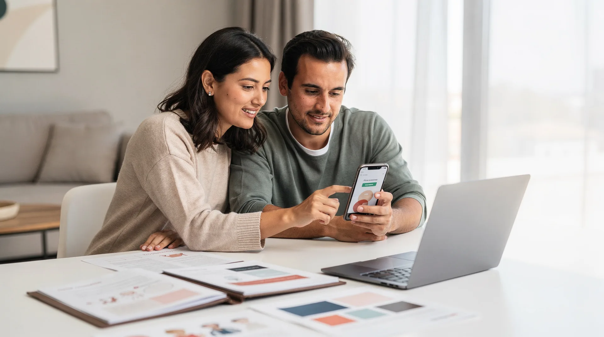 Modern Spanish couple using smartphone banking app for instant money transfer, wedding planning docu